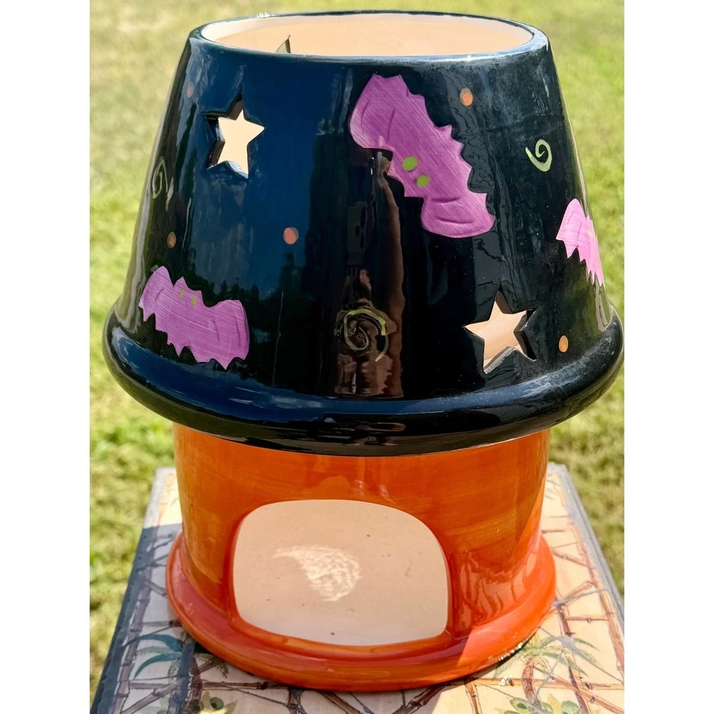 Halloween Jack-O-Lantern Ceramic Candle Topper Warmer Purple Bats Stars Orange